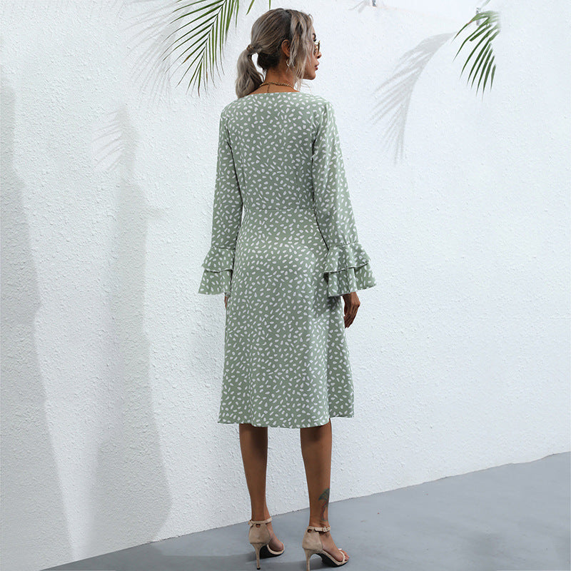 Printed A-Line Midi Dress with Bell Sleeves and Front Slit