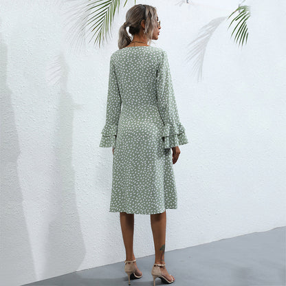 Printed A-Line Midi Dress with Bell Sleeves and Front Slit