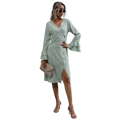Printed A-Line Midi Dress with Bell Sleeves and Front Slit