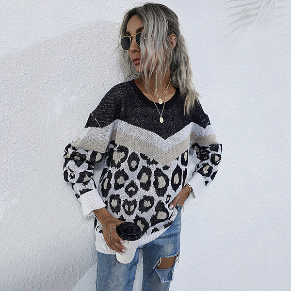 Leopard Print Crewneck Sweater with Chevron Color-Block Detail