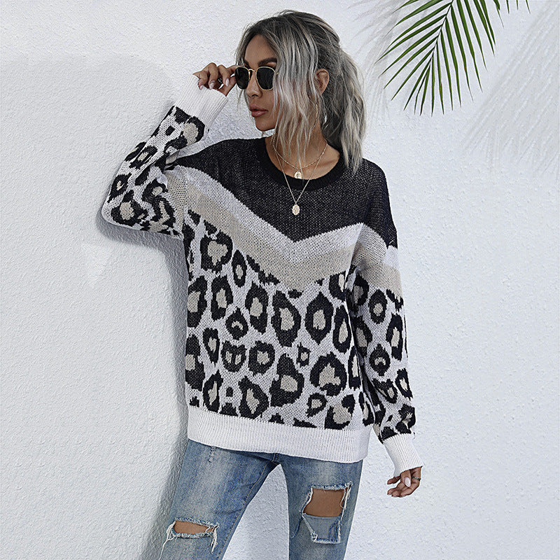 Leopard Print Crewneck Sweater with Chevron Color-Block Detail