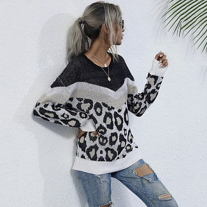 Leopard Print Crewneck Sweater with Chevron Color-Block Detail