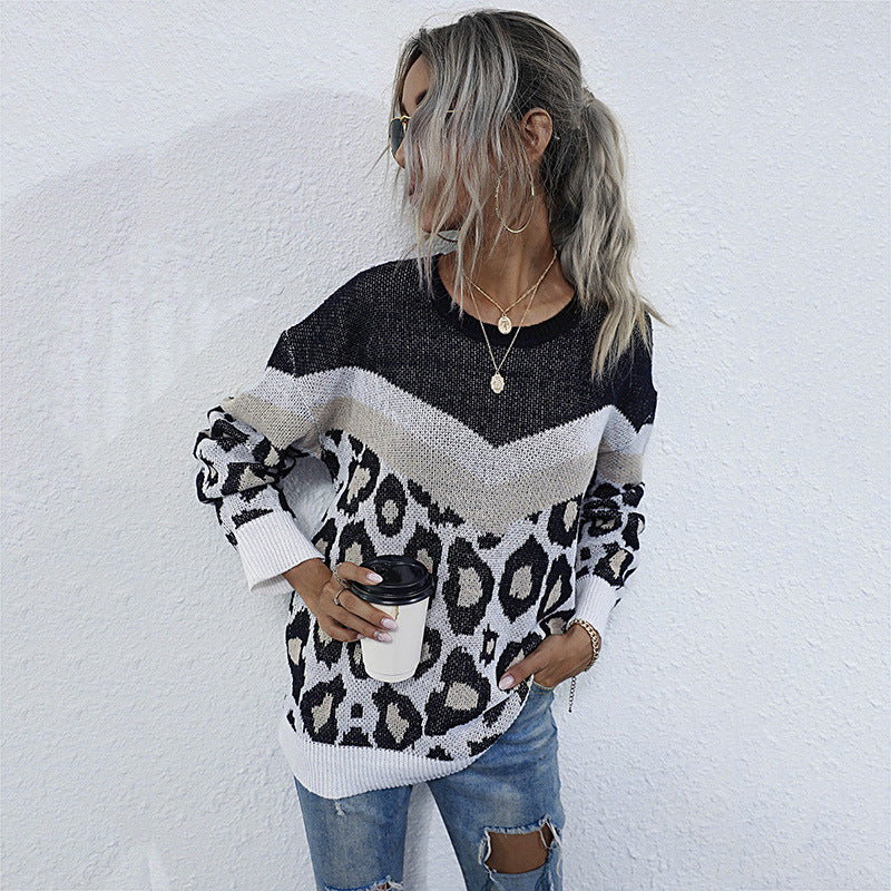 Leopard Print Crewneck Sweater with Chevron Color-Block Detail