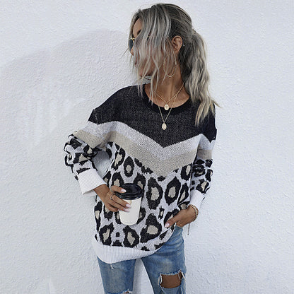 Leopard Print Crewneck Sweater with Chevron Color-Block Detail
