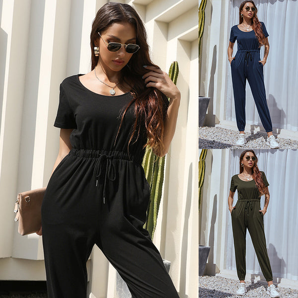 Short-Sleeve Jogger Jumpsuit with Drawstring Waist