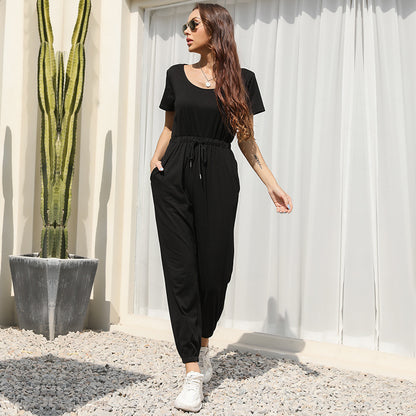 Short-Sleeve Jogger Jumpsuit with Drawstring Waist