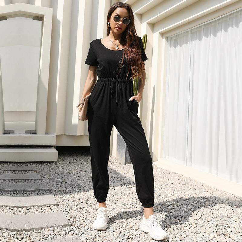 Short-Sleeve Jogger Jumpsuit with Drawstring Waist