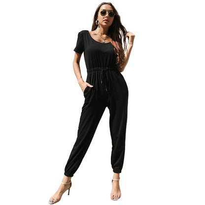 Short-Sleeve Jogger Jumpsuit with Drawstring Waist