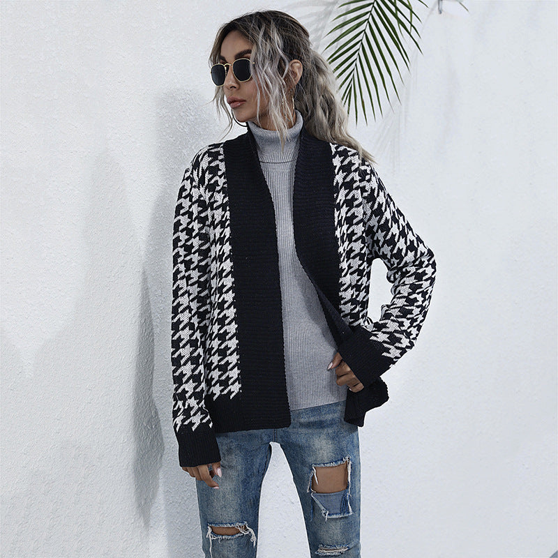 Houndstooth Knit Cardigan with Tie-Waist and V-Neck