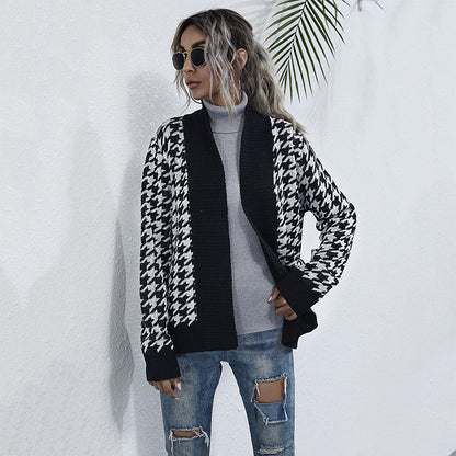 Houndstooth Knit Cardigan with Tie-Waist and V-Neck