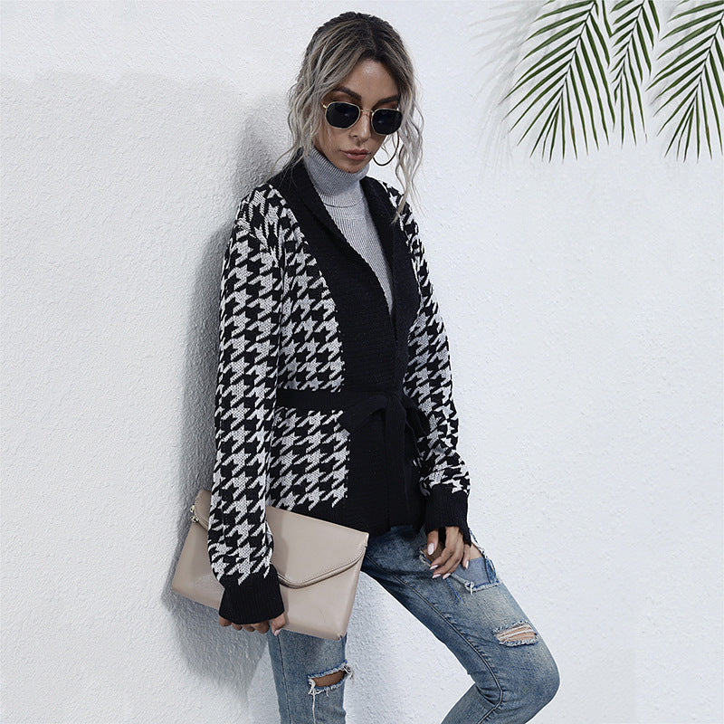 Houndstooth Knit Cardigan with Tie-Waist and V-Neck
