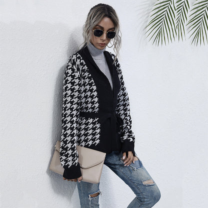 Houndstooth Knit Cardigan with Tie-Waist and V-Neck