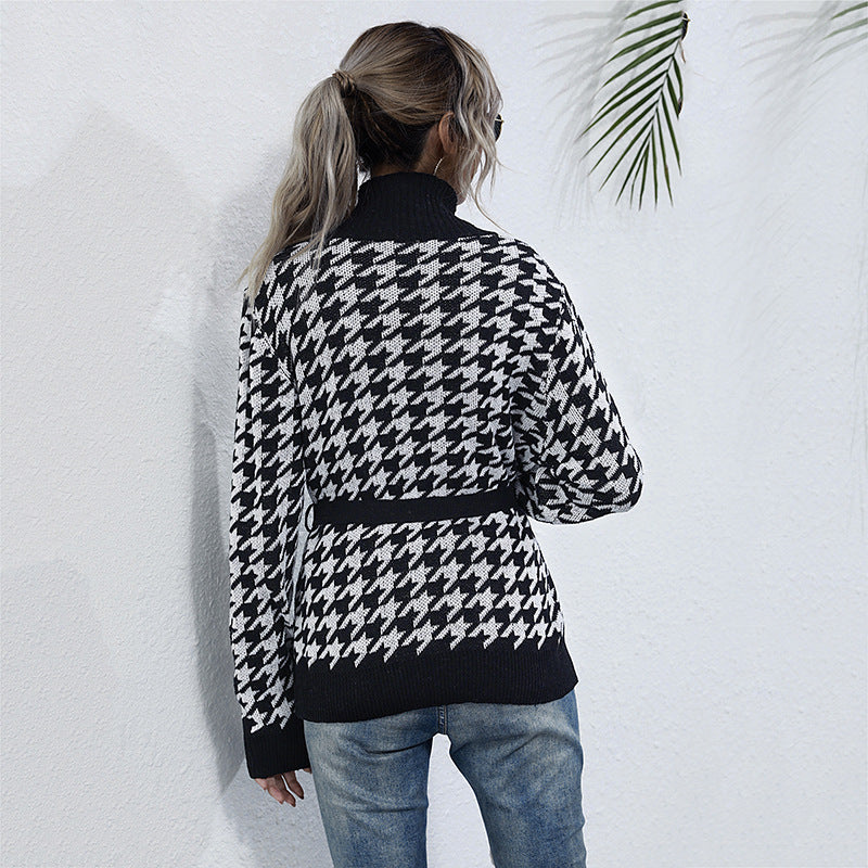 Houndstooth Knit Cardigan with Tie-Waist and V-Neck