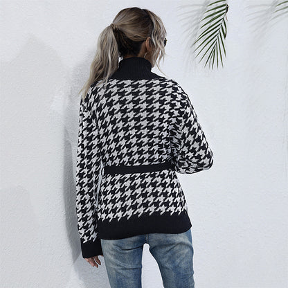 Houndstooth Knit Cardigan with Tie-Waist and V-Neck