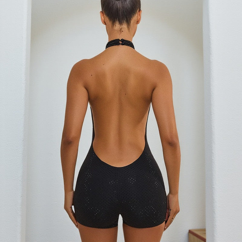 Bodycon Rhinestone Romper with Backless Halter Neck