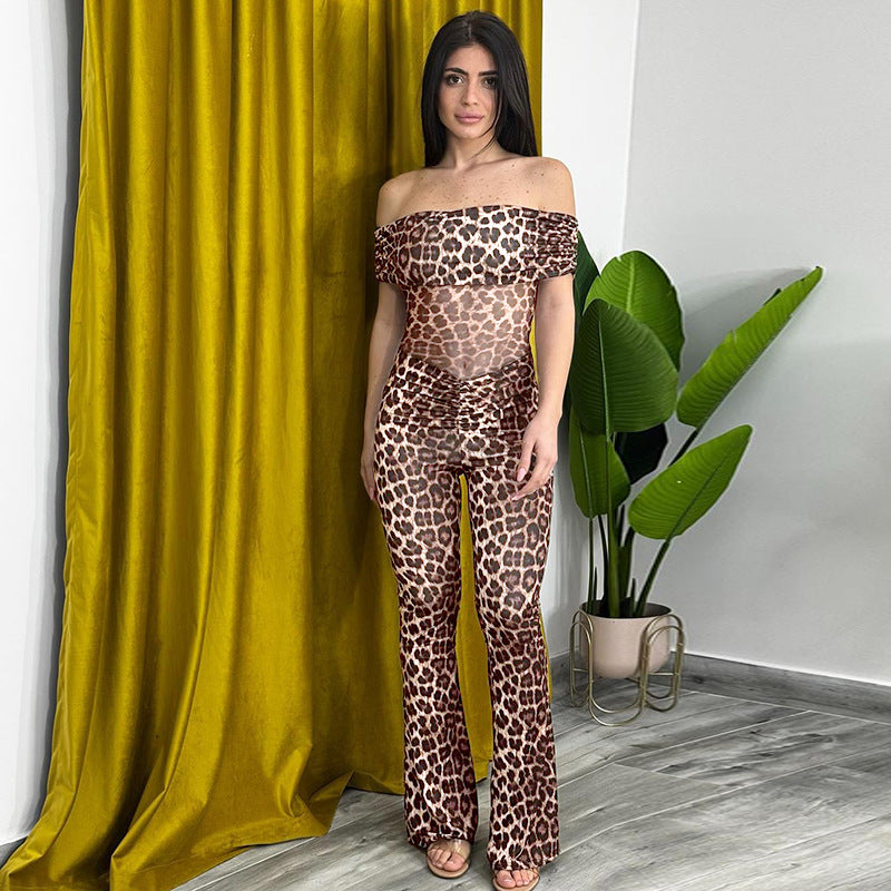 Leopard Print Bodycon Jumpsuit with Off-the-Shoulder Ruched Bodice
