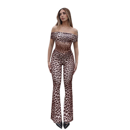 Leopard Print Bodycon Jumpsuit with Off-the-Shoulder Ruched Bodice