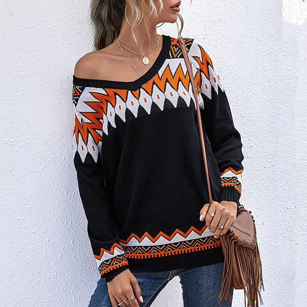 Geometric Color-Blocked Knit Pullover with V-Neck