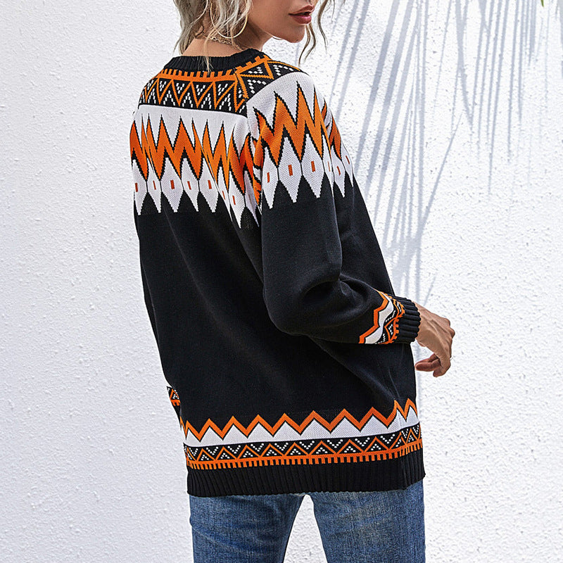 Geometric Color-Blocked Knit Pullover with V-Neck