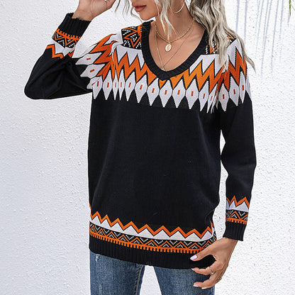 Geometric Color-Blocked Knit Pullover with V-Neck