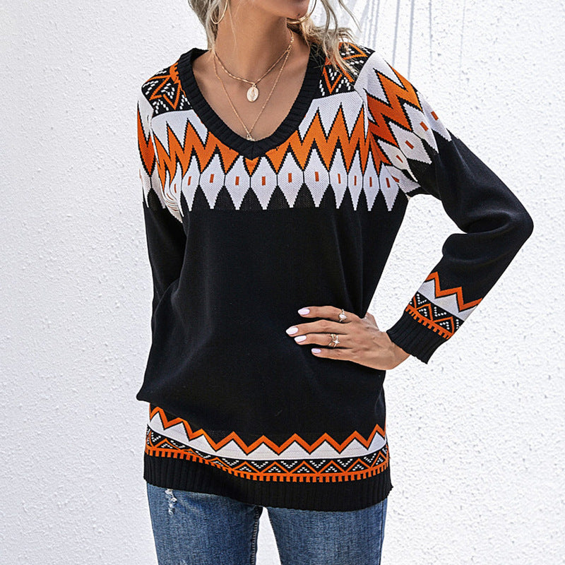 Geometric Color-Blocked Knit Pullover with V-Neck
