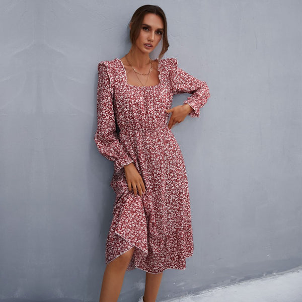 Floral A-Line Midi Dress with Square Neck and Ruffle Trim