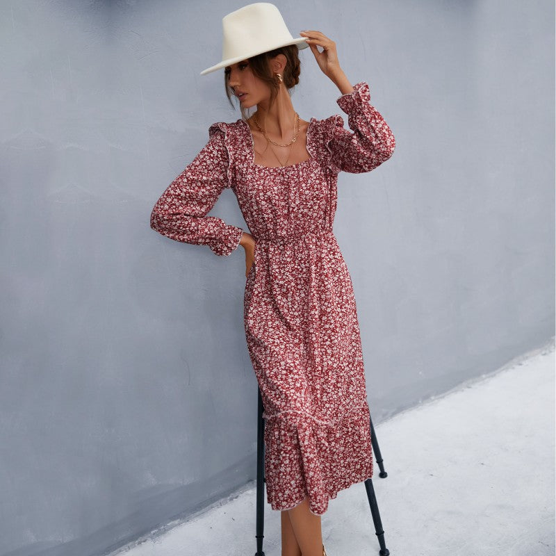 Floral A-Line Midi Dress with Square Neck and Ruffle Trim