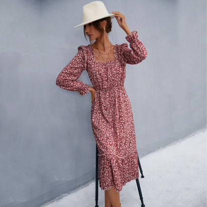 Floral A-Line Midi Dress with Square Neck and Ruffle Trim
