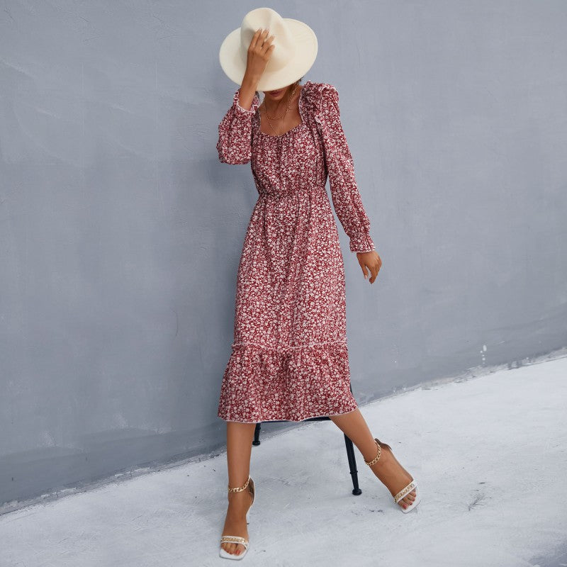 Floral A-Line Midi Dress with Square Neck and Ruffle Trim