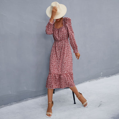 Floral A-Line Midi Dress with Square Neck and Ruffle Trim