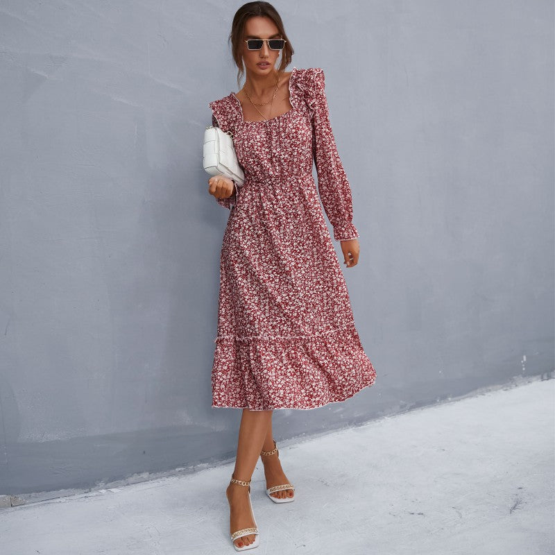 Floral A-Line Midi Dress with Square Neck and Ruffle Trim