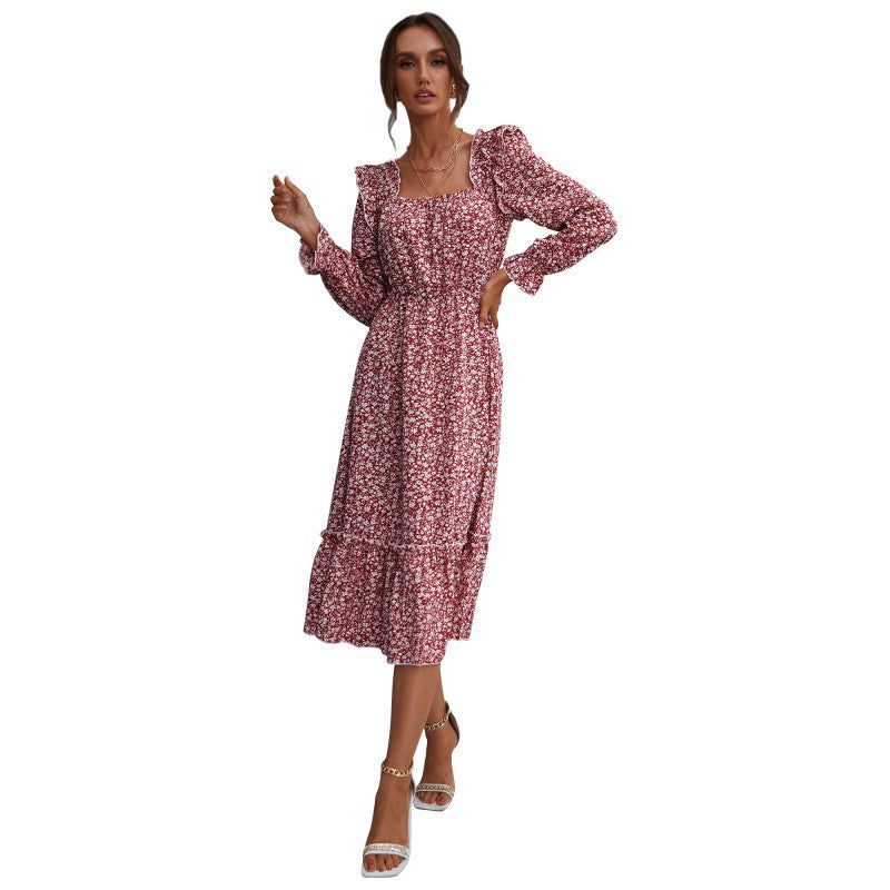 Floral A-Line Midi Dress with Square Neck and Ruffle Trim