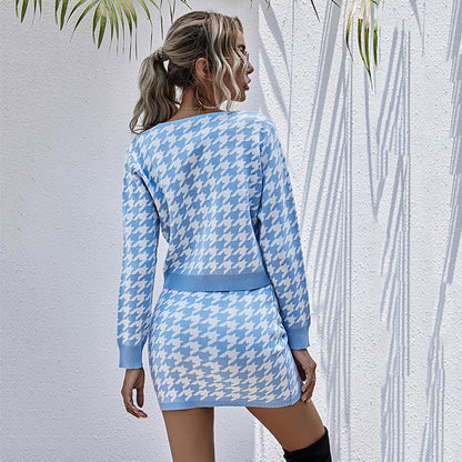 Houndstooth Knit Skirt Set with Button-Front Cardigan