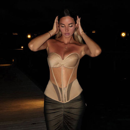 Strapless Corset Top with Sheer Mesh Waist Panels