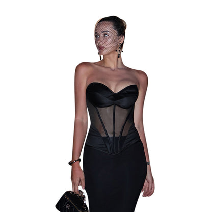 Strapless Corset Top with Sheer Mesh Waist Panels