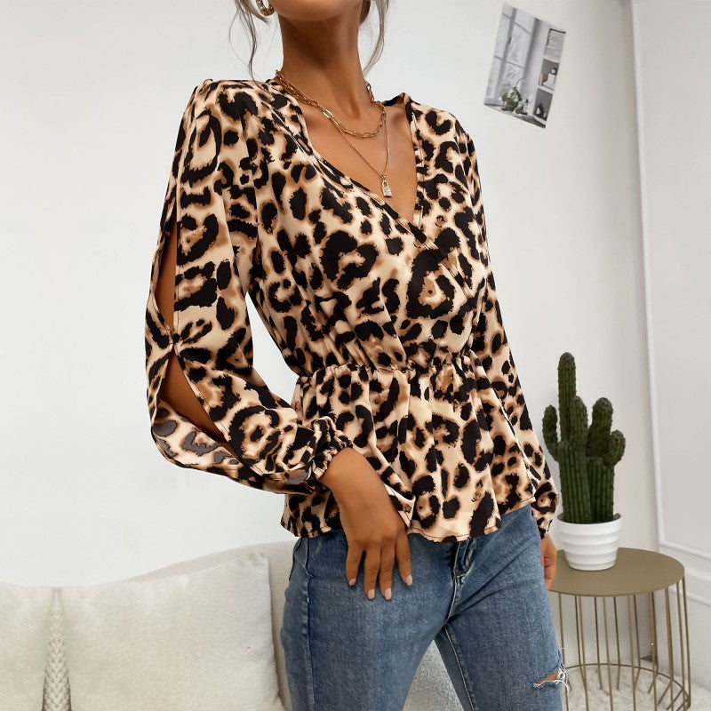 Leopard Print Peplum Top with V-Neck and Cut-Out Sleeves