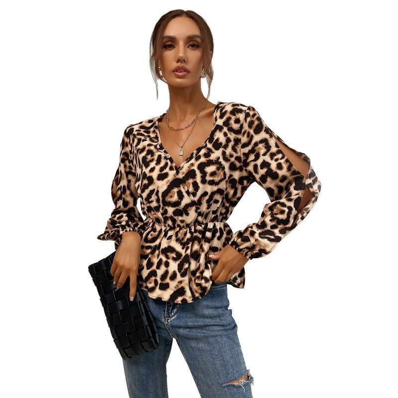 Leopard Print Peplum Top with V-Neck and Cut-Out Sleeves