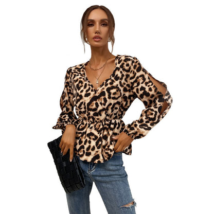 Leopard Print Peplum Top with V-Neck and Cut-Out Sleeves