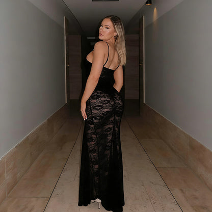 Sheer Lace Bodycon Maxi Dress with Sweetheart Neckline