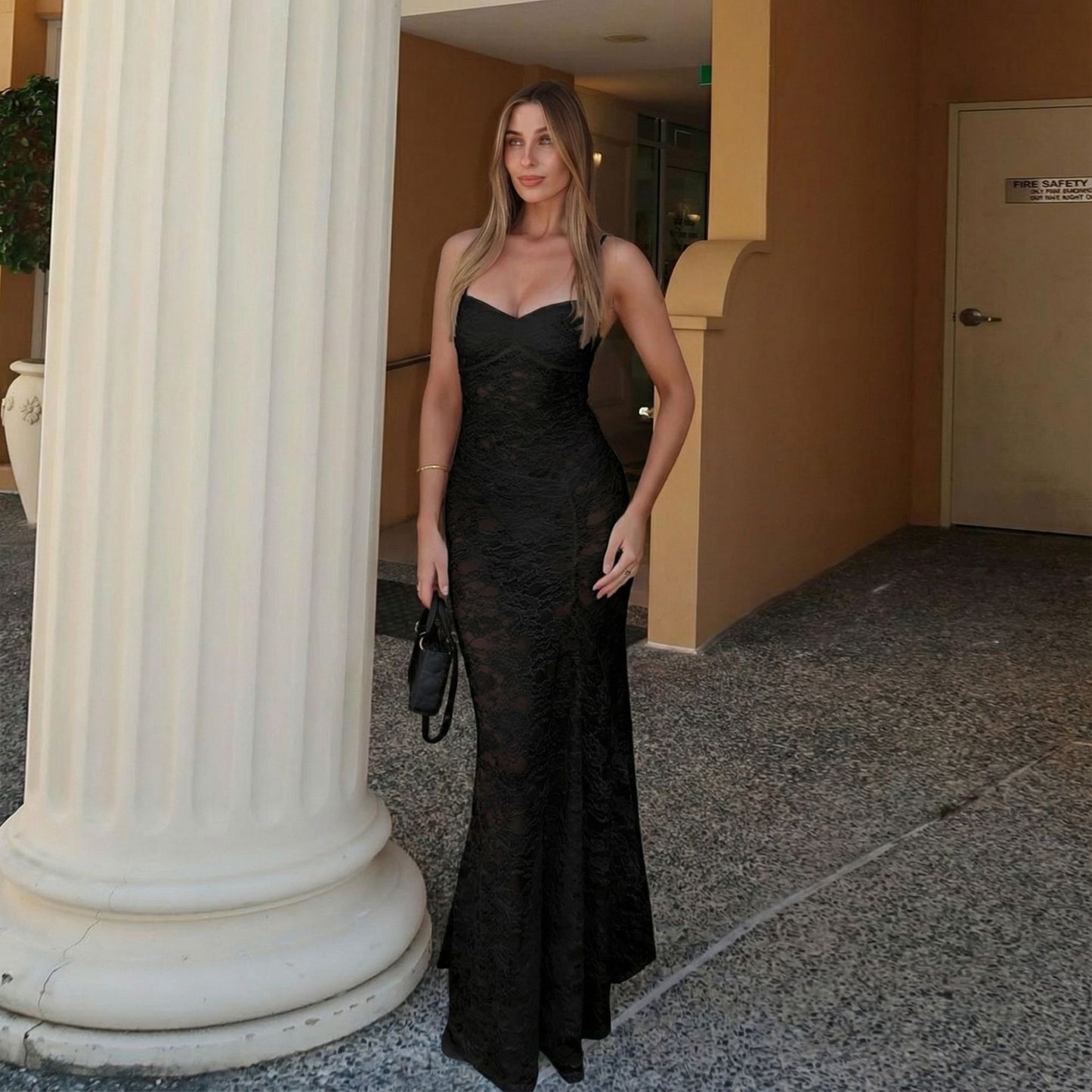 Sheer Lace Bodycon Maxi Dress with Sweetheart Neckline