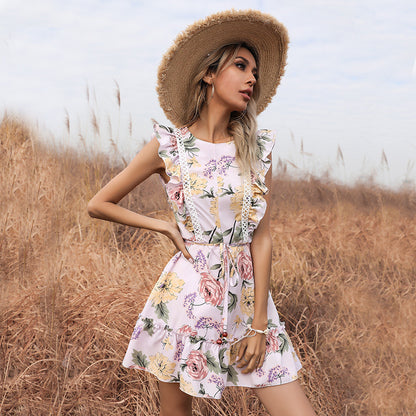 Floral A-Line Mini Dress with Flutter Sleeves and Lace Trim