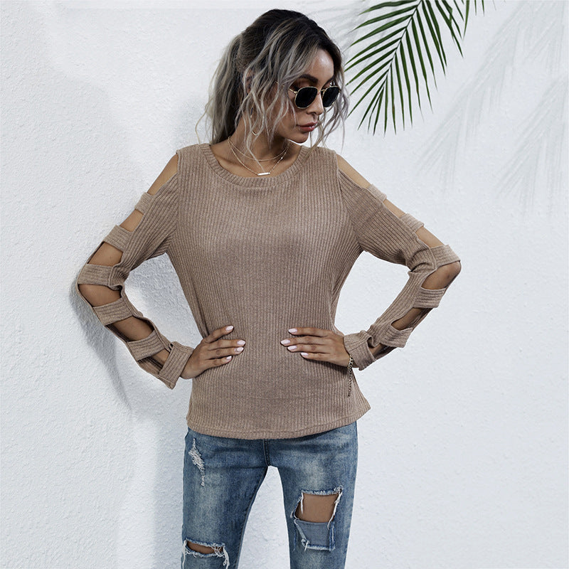 Slim-Fit Ribbed Top with Cut-Out Cold-Shoulder Sleeves