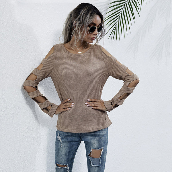 Slim-Fit Ribbed Top with Cut-Out Cold-Shoulder Sleeves