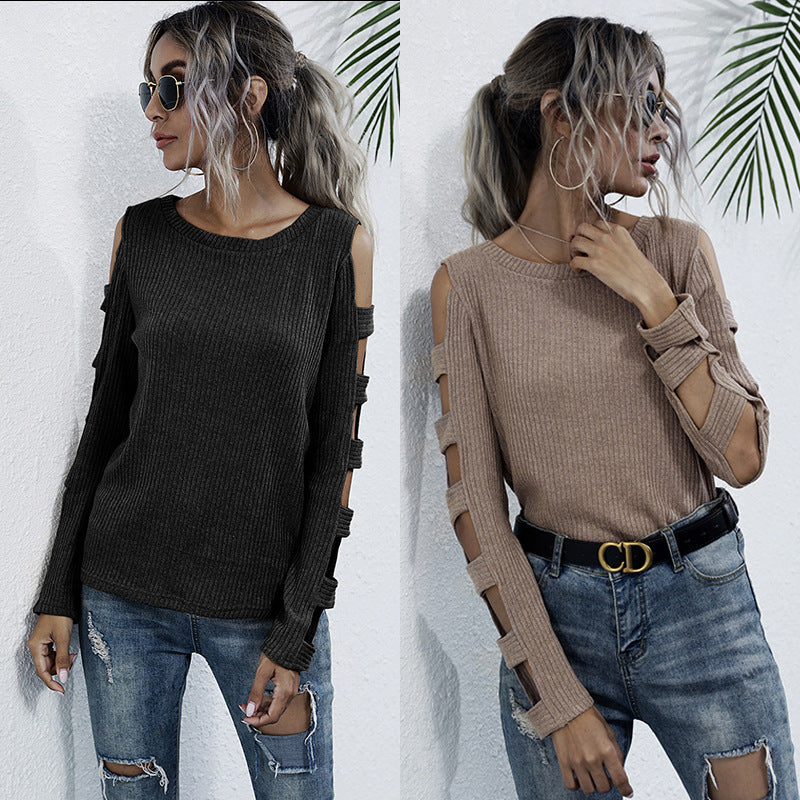 Slim-Fit Ribbed Top with Cut-Out Cold-Shoulder Sleeves
