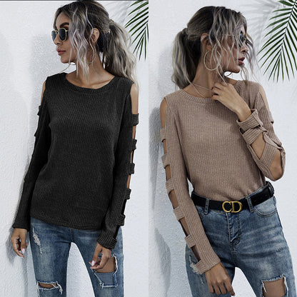 Slim-Fit Ribbed Top with Cut-Out Cold-Shoulder Sleeves