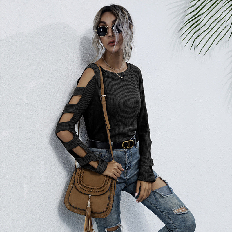 Slim-Fit Ribbed Top with Cut-Out Cold-Shoulder Sleeves