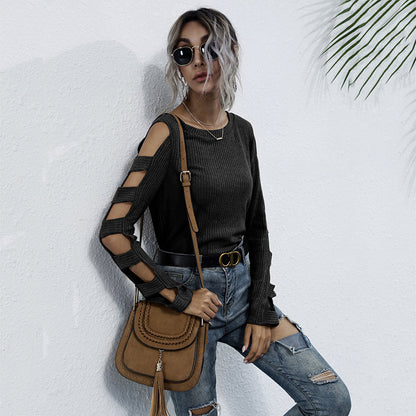 Slim-Fit Ribbed Top with Cut-Out Cold-Shoulder Sleeves
