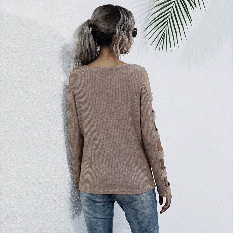 Slim-Fit Ribbed Top with Cut-Out Cold-Shoulder Sleeves