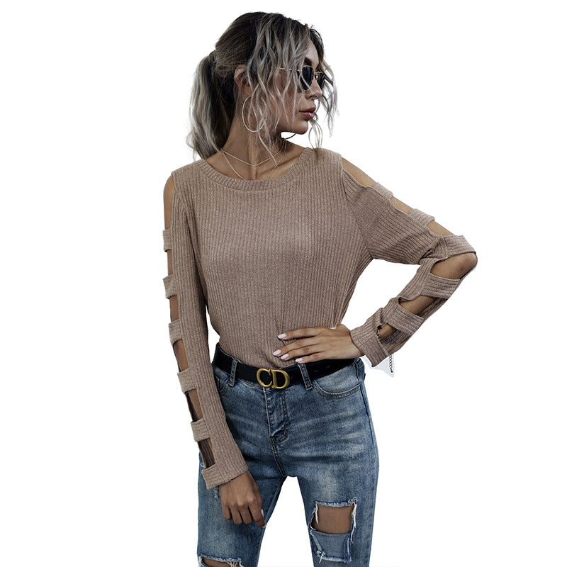 Slim-Fit Ribbed Top with Cut-Out Cold-Shoulder Sleeves