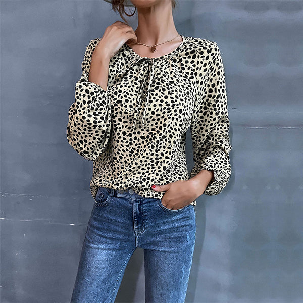 Leopard Print Crewneck Blouse with Tie-Neck and Balloon Sleeves